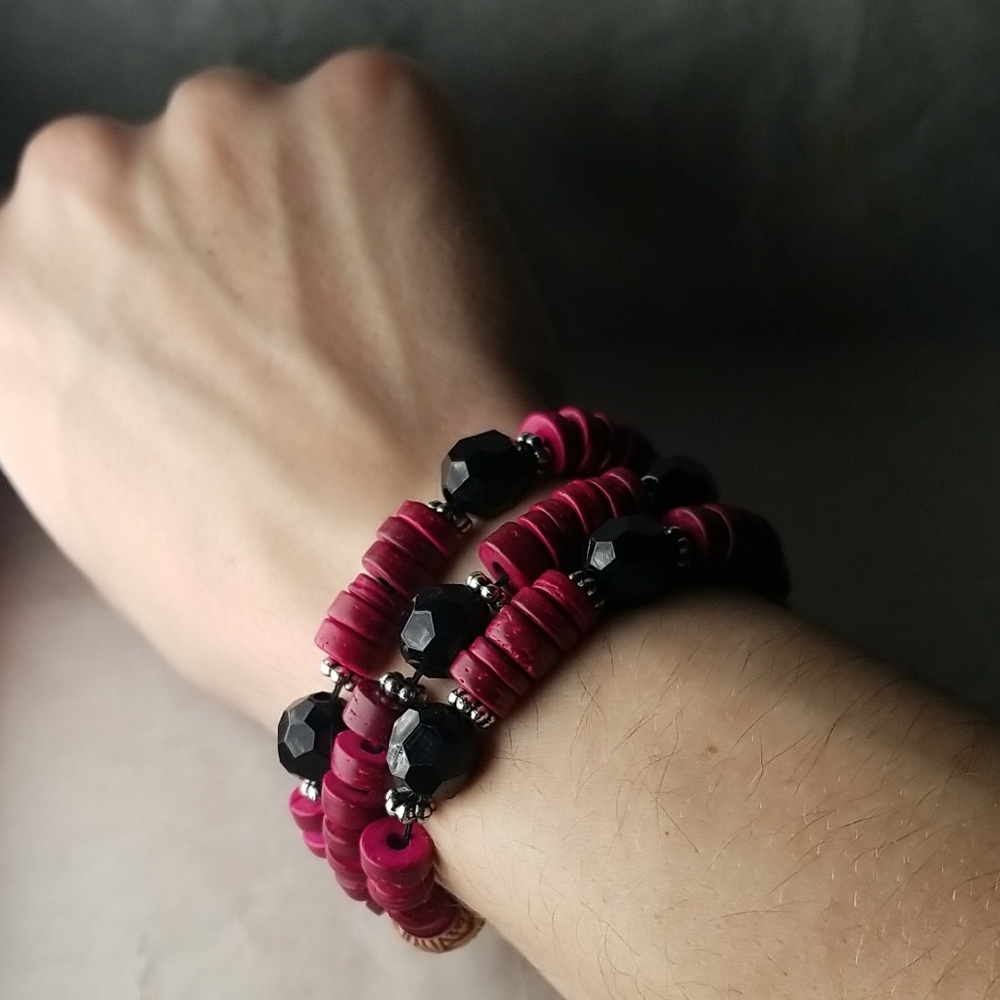 Three Strand Wood Beaded Bracelet With Leaf Clasp
